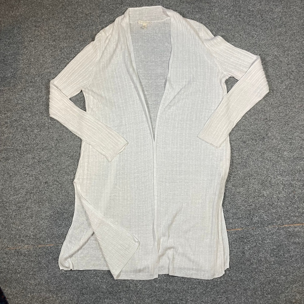 Eileen Fisher Cardigan Medium White Organic Linen Open Fr Longline Light Duster